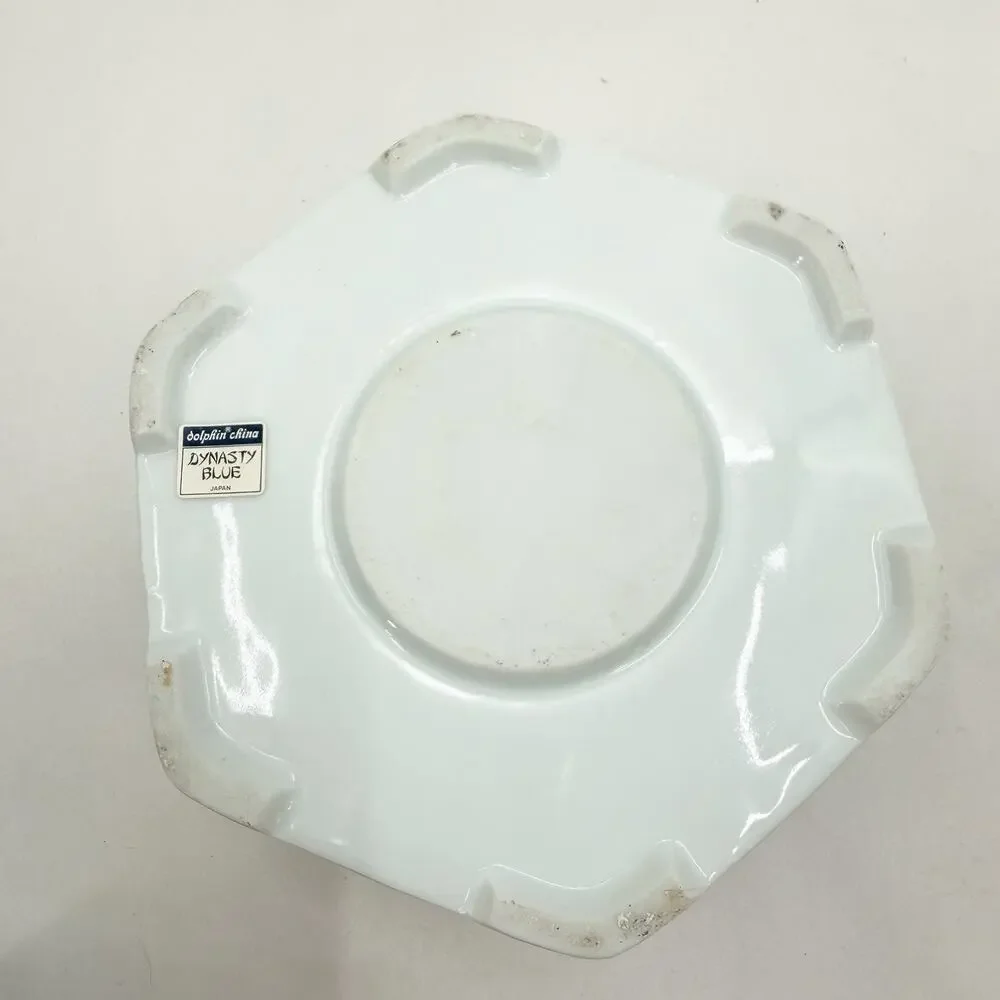 Vintage Dolphin Dynasty Blue Porcelain Hexagonal Teapot Warmer & Brass Handle
